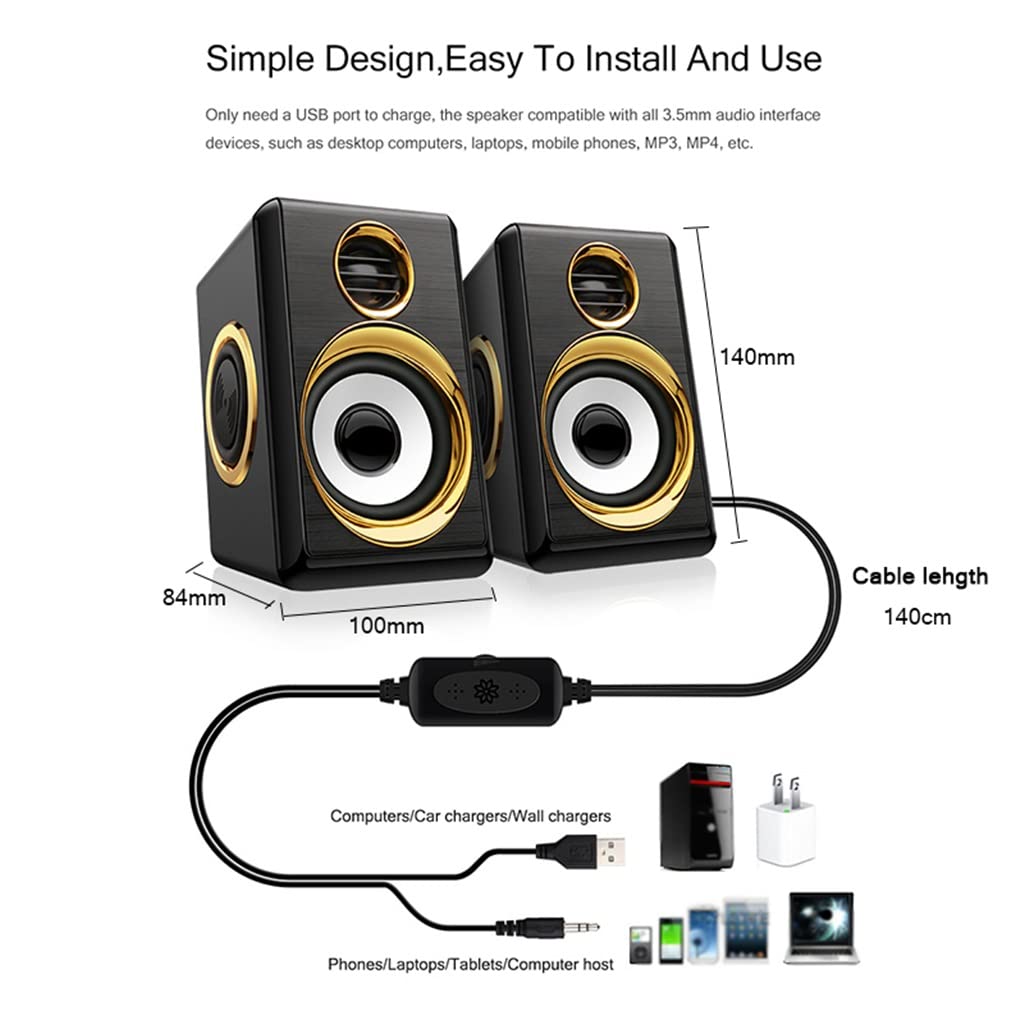 USB & AUX Desktop Speakers – 8W Bass Stereo, White & Peach