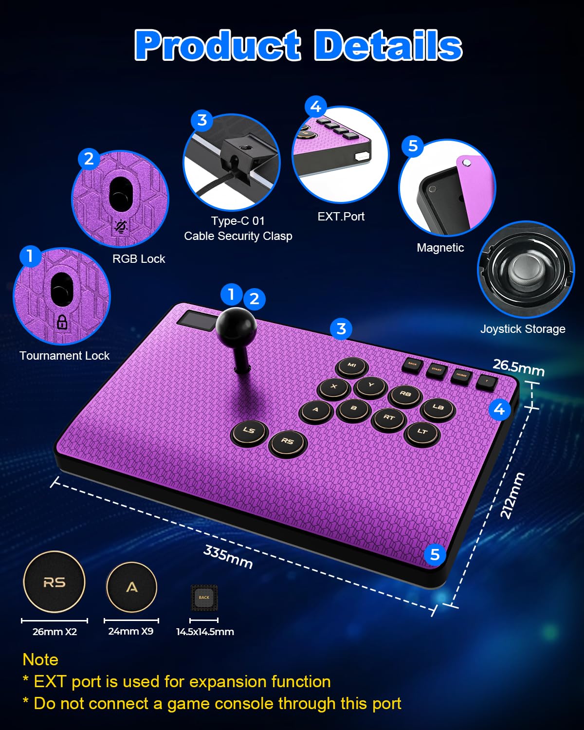Leverless RGB Arcade Controller – Magnetic Switches, Aluminum, Purple