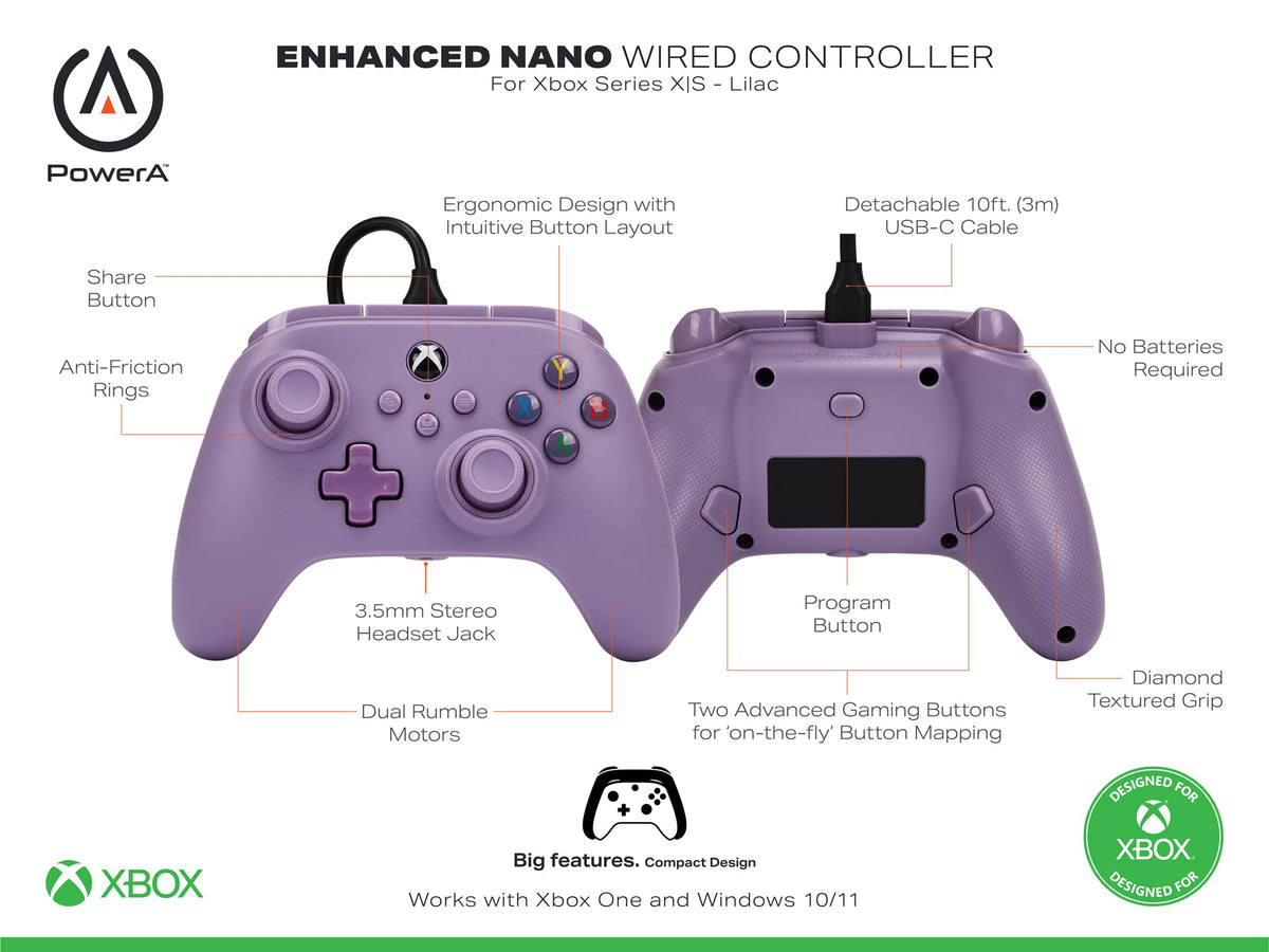Compact Wired Gaming Controller – Lilac, Xbox & PC Compatible