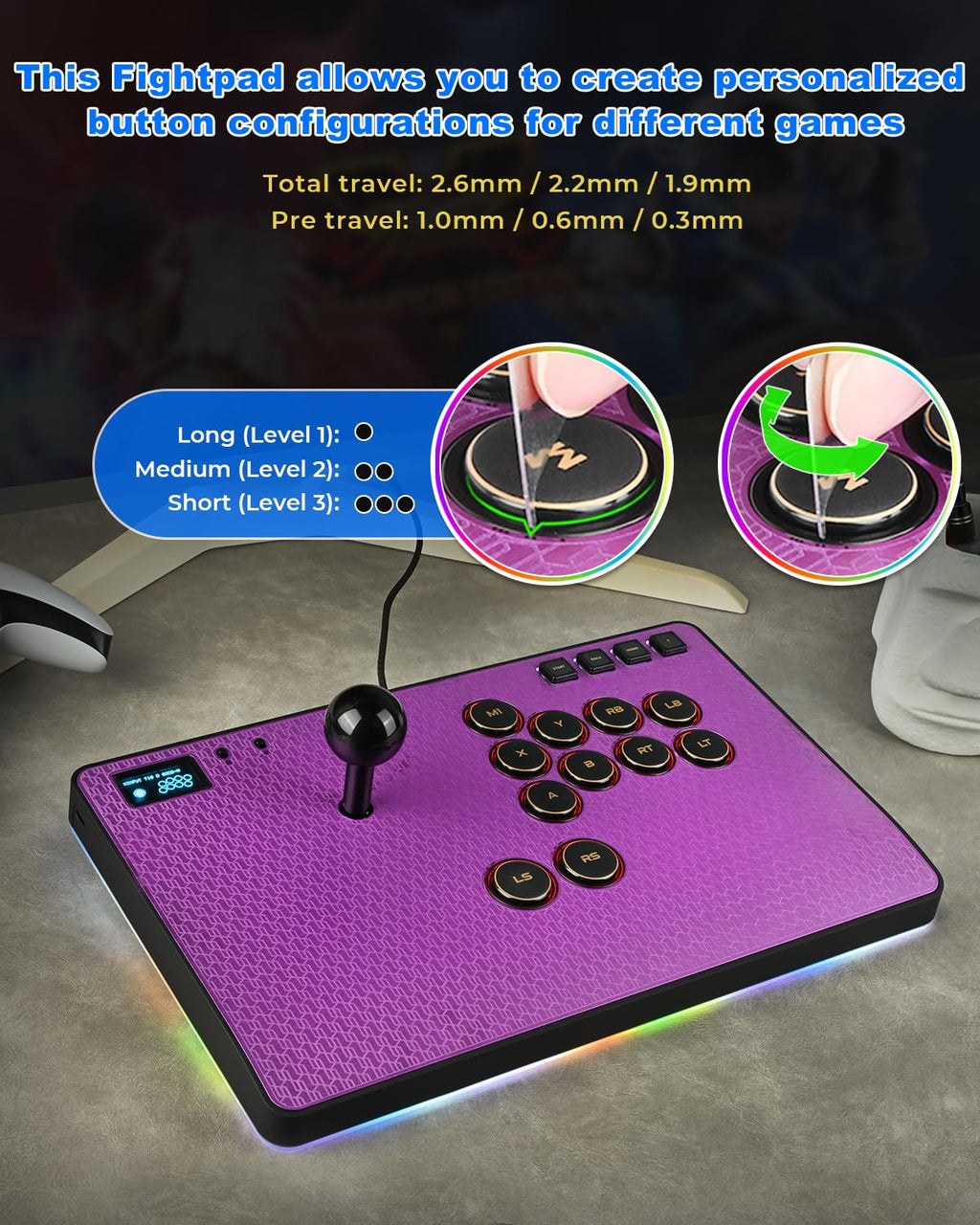 Leverless RGB Arcade Controller – Magnetic Switches, Aluminum, Purple
