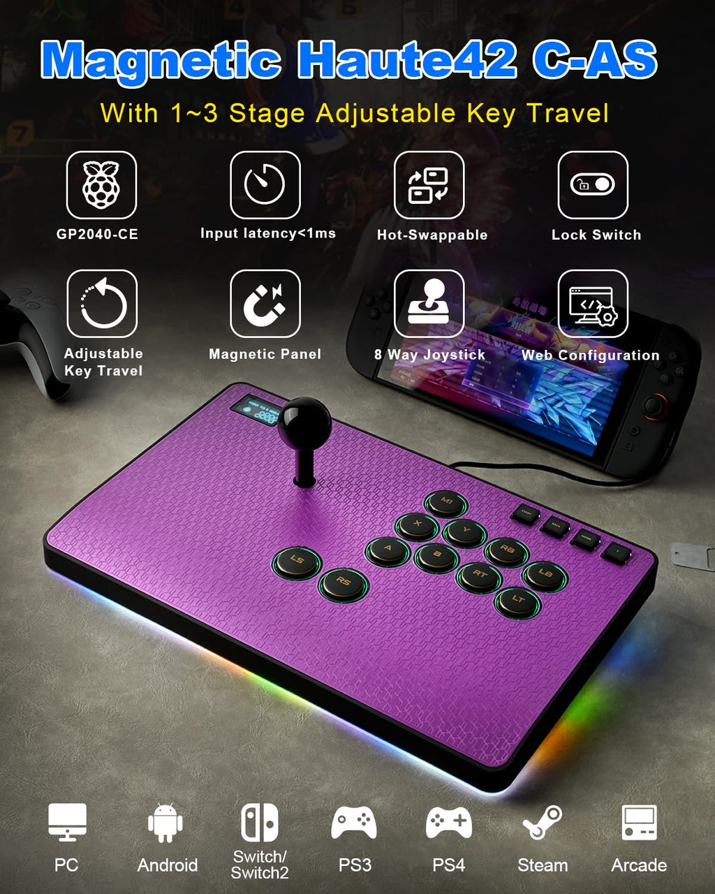 Leverless RGB Arcade Controller – Magnetic Switches, Aluminum, Purple