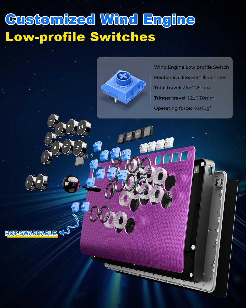 Leverless RGB Arcade Controller – Magnetic Switches, Aluminum, Purple