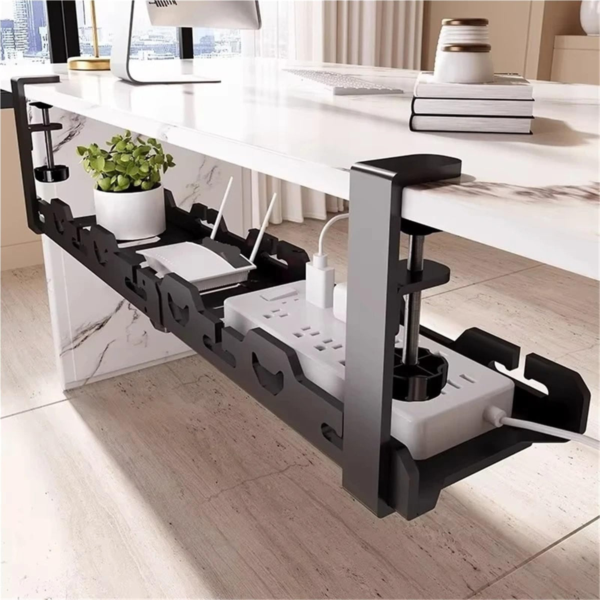 No-Drill Metal Under-Desk Cable Tray – Adjustable 40–74 cm