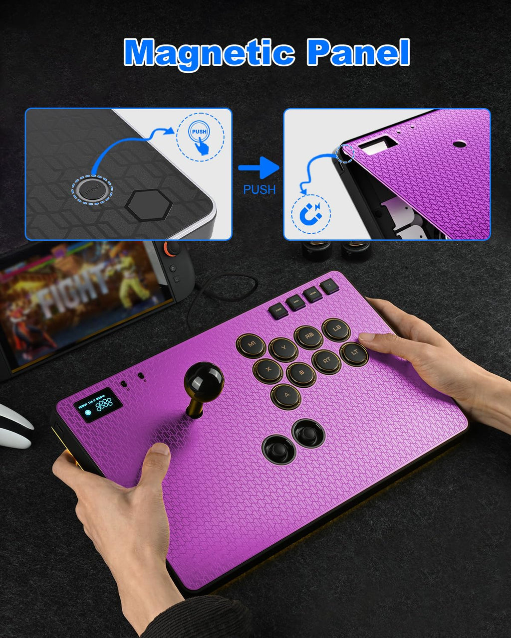 Leverless RGB Arcade Controller – Magnetic Switches, Aluminum, Purple